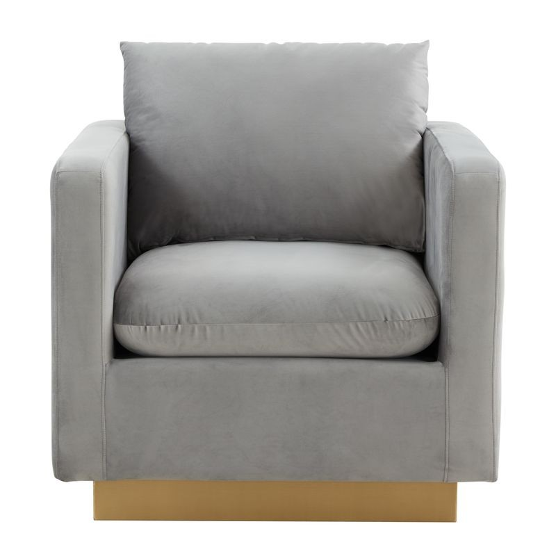 LeisureMod Nervo Velvet Accent Armchair with Gold Frame Light Grey Front View.