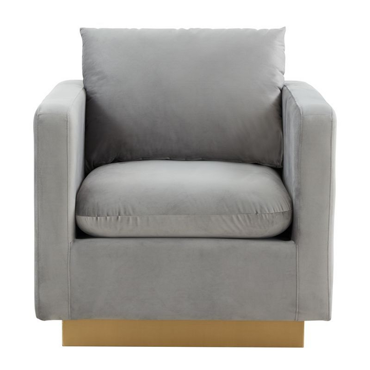 LeisureMod Nervo Velvet Accent Armchair with Gold Frame Light Grey Front View.