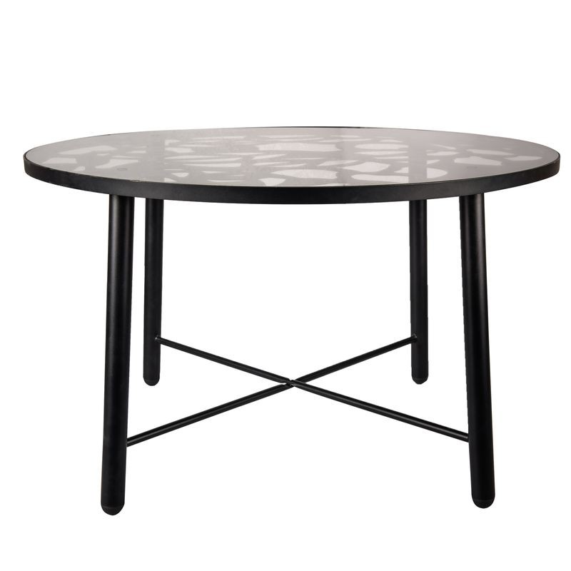 LeisureMod Devon Mid-Century Modern 7-Piece Aluminum Outdoor Patio Dining Set with Tempered Glass Top Table and 6 Stackable Flower Design Chairs Black Table.
