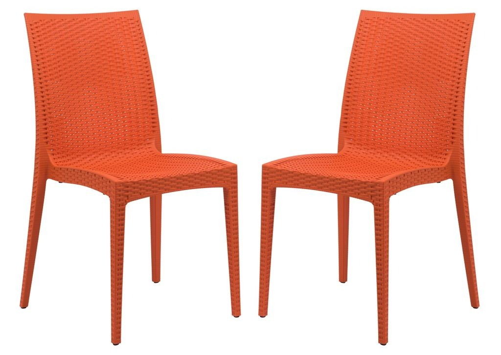 LeisureMod Weave Mace Indoor/Outdoor Dining Chair (Armless), Set of 2 Orange Together.
