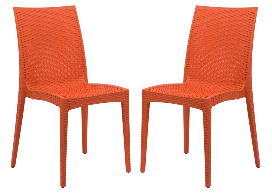 LeisureMod Weave Mace Indoor/Outdoor Dining Chair (Armless), Set of 2 Orange Together.