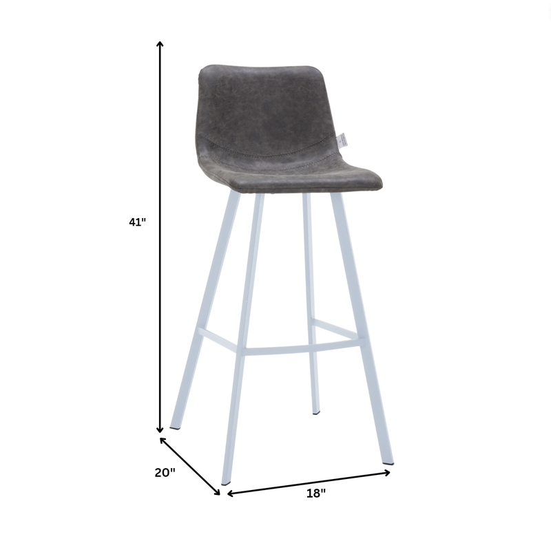 Gray bar stool with white legs and dimensions on a white background.