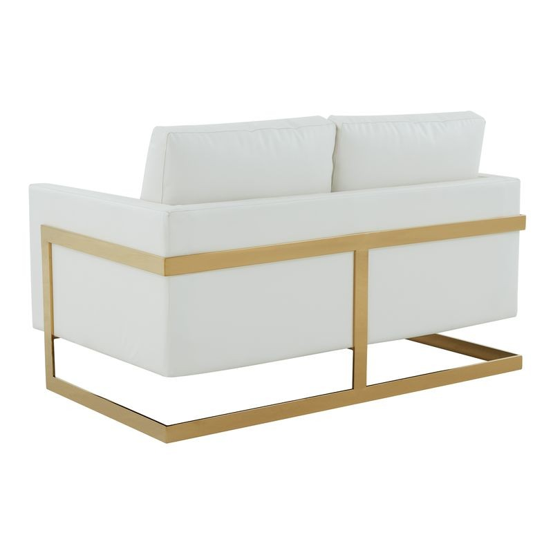 LeisureMod Lincoln Modern Mid-Century Upholstered PU Leather Loveseat with Gold Frame White Back View.