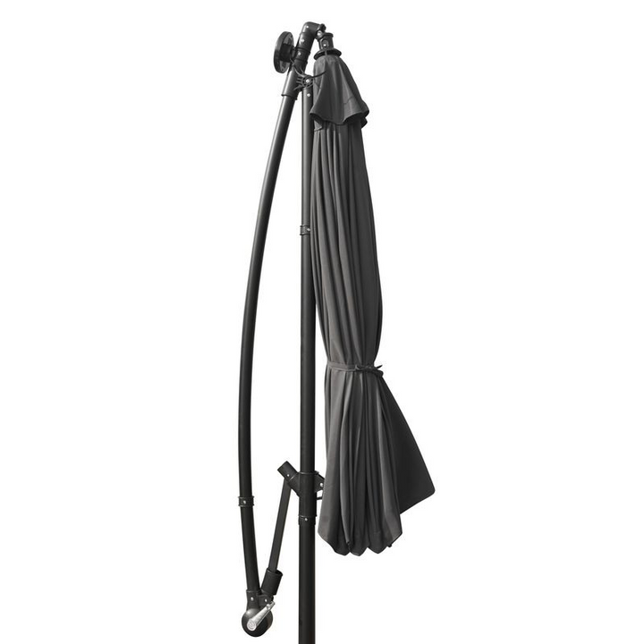 LeisureMod Willry Modern Outdoor 10 Ft Offset Cantilever Hanging Patio Umbrella with Solar Powered LED Gray Closed.