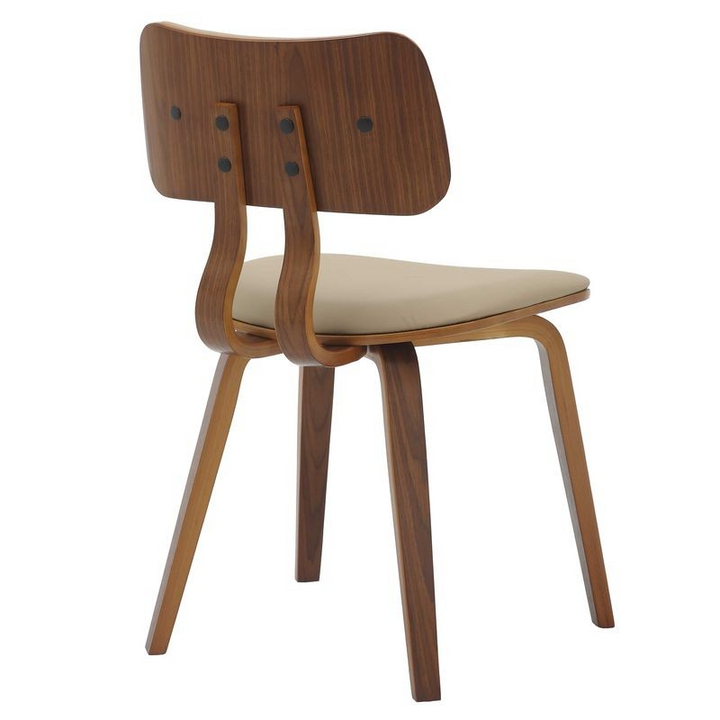 LeisureMod 5-Piece Dining Set with Round Wooden Table in Natural Wood and 4 Leather Dining Chairs in Walnut/Light Brown Back of Chair.