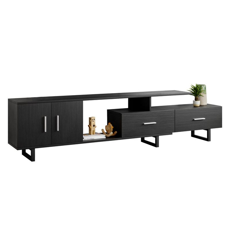 LeisureMod Avery Mid-Century Modern TV Stand with MDF Cabinet and Powder Coated Steel Legs Phantom Grey Closer View.