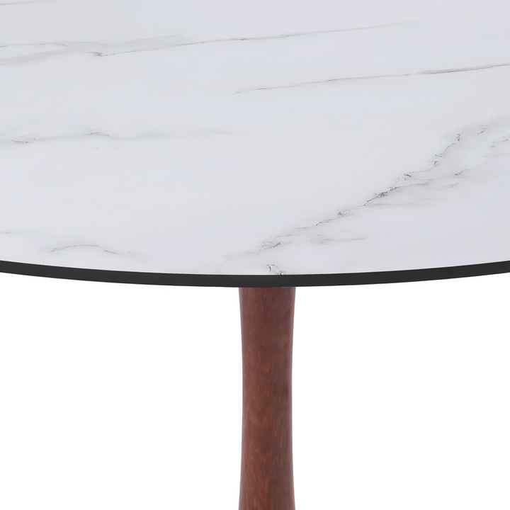 LeisureMod Bristol 40" Round Dining Table Wood Transfer Cherry Base with MDF Marbled White Top Closeup.