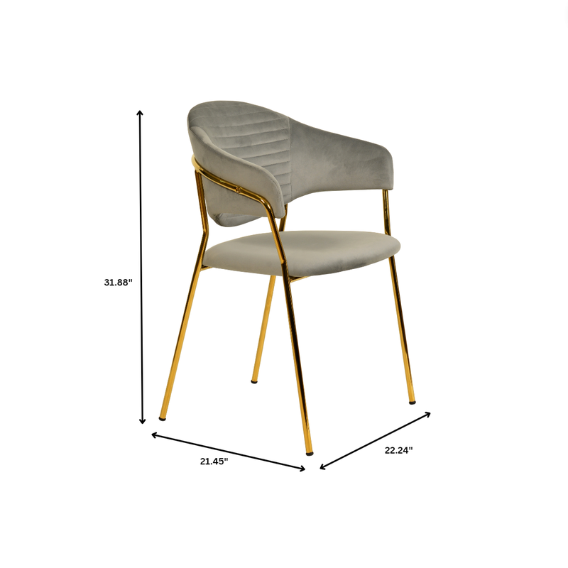 Gray chair with gold legs and dimensions displayed on a white background.
