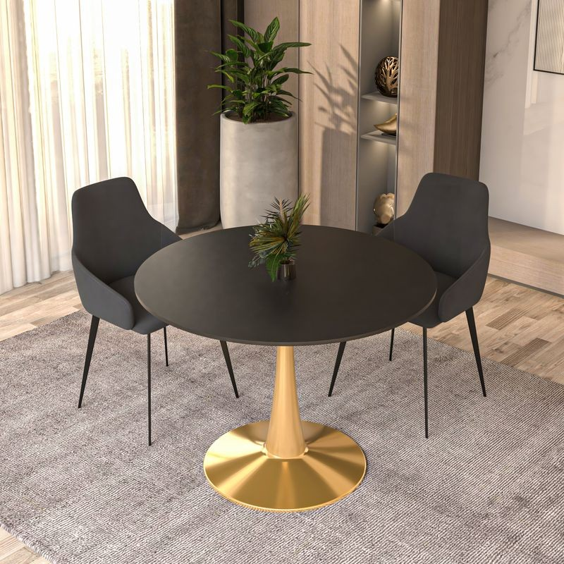 Leisuremod Bristol 40" Round Dining Table Gold Base with Black Top with Chairs.