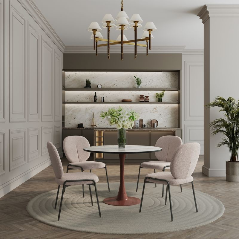 LeisureMod Bristol 40" Round Dining Table Wood Transfer Cherry Base with MDF Marbled White Top with Chairs.