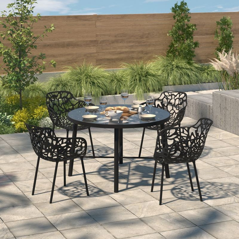 LeisureMod Devon Tree Design Glass Top Aluminum Base Indoor Outdoor Dining Table Black with Background.
