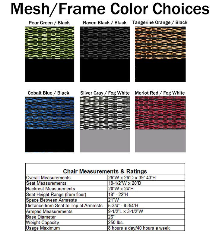 HumanFlex Elastic All Mesh Ergonomic Office Chair Color Chart