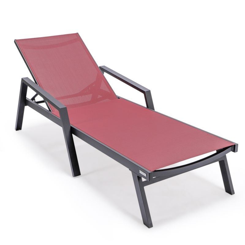 LeisureMod Marlin Patio Chaise Lounge Chair With Armrests in Black Aluminum Frame Burgundy