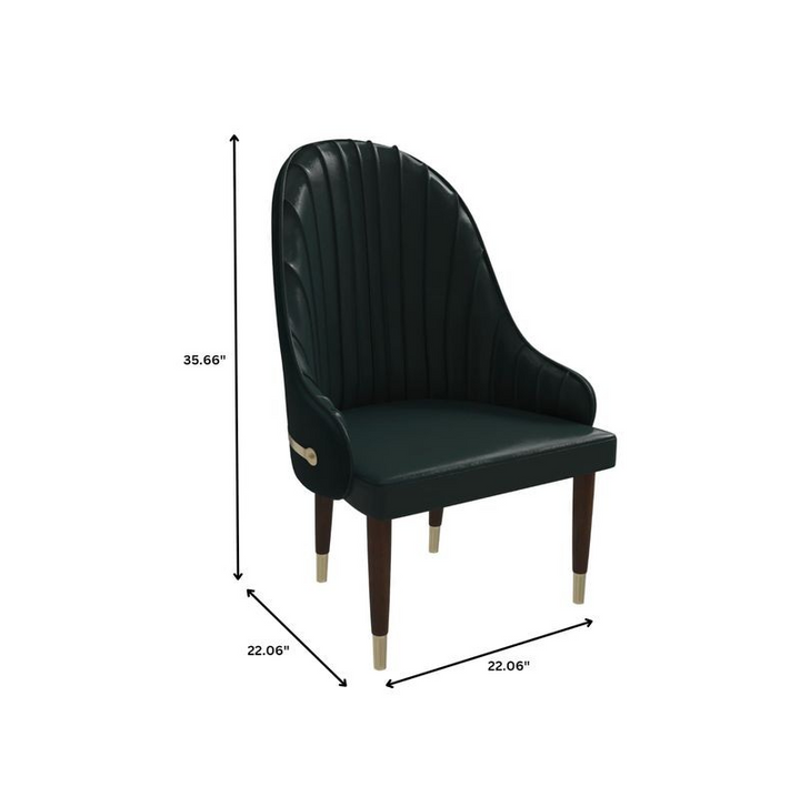 Black upholstered chair with gold accents and dimensions displayed on a white background.