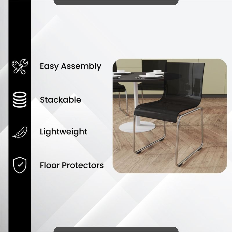 Black chair with features listed on a white background.