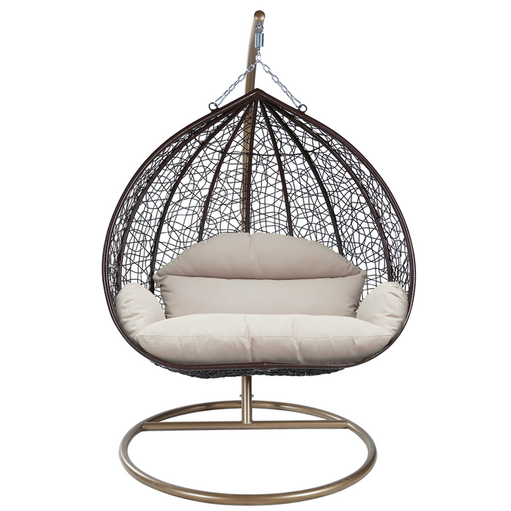 Leisuremod Recluse Collection Modern Outdoor Swing Chair Brown Frame with ES57 Beige Cushion