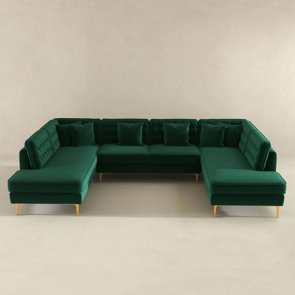 Brooke Green Velvet U Shape Corner Sofa Front View.