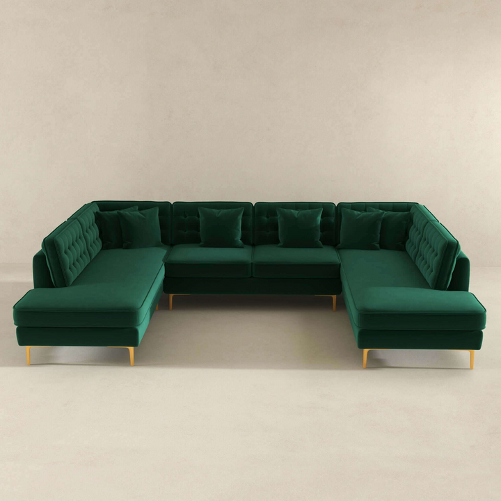 Brooke Green Velvet U Shape Corner Sofa Front View.