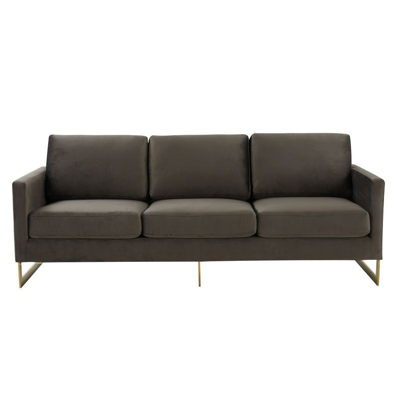 LeisureMod Lincoln Modern Mid-Century Upholstered Velvet Sofa with Gold Frame Dark Grey Photo.