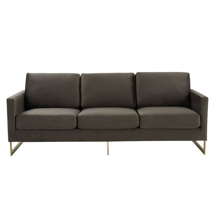 LeisureMod Lincoln Modern Mid-Century Upholstered Velvet Sofa with Gold Frame Dark Grey Photo.