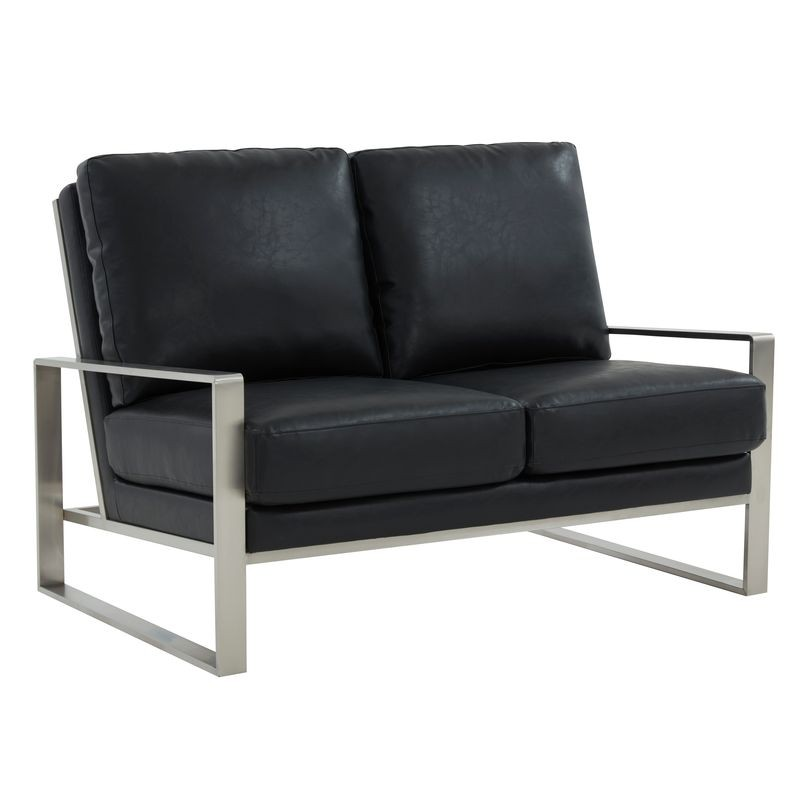 Leisuremod Jefferson Contemporary Modern Faux Leather Loveseat with Silver Frame Black