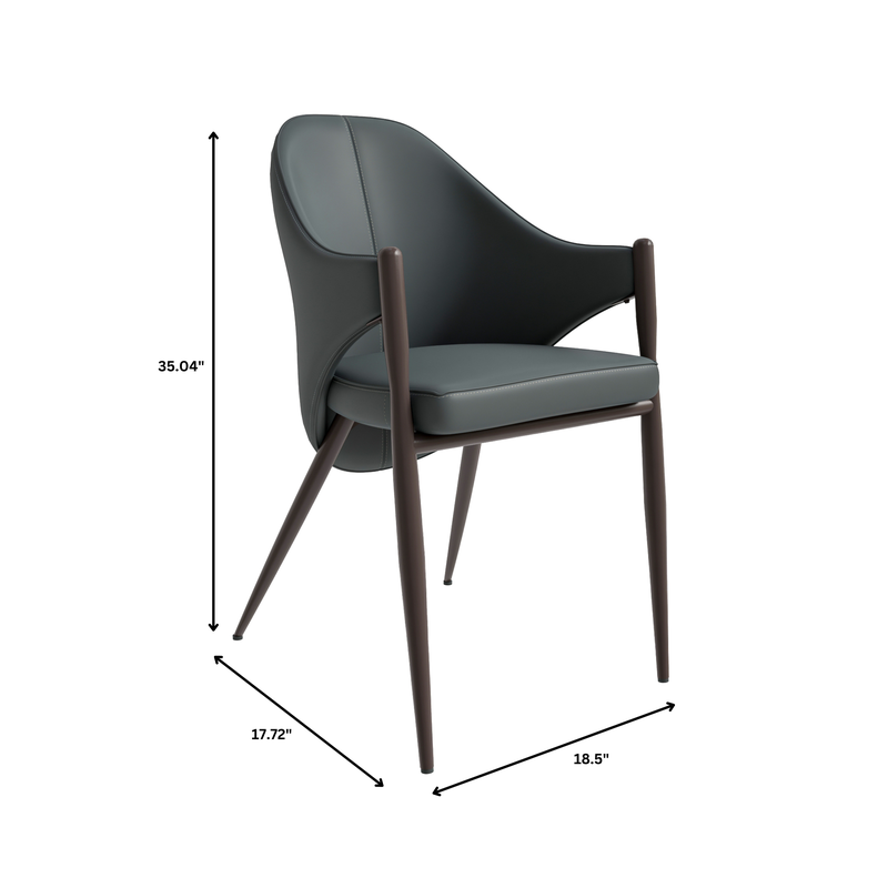 Gray chair with wooden legs and dimensions displayed on a white background.