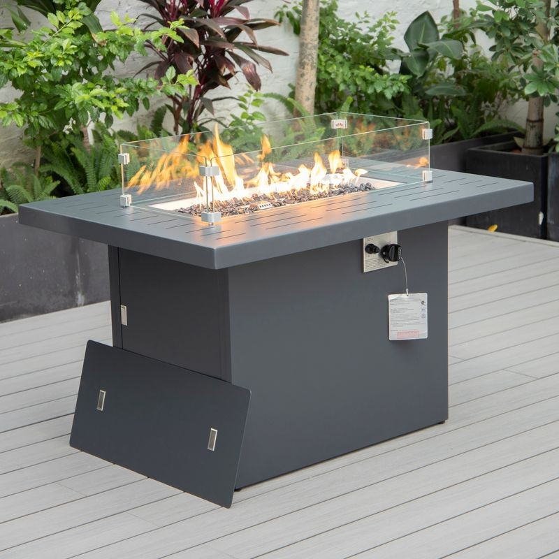 LeisureMod Chelsea Patio Modern Aluminum Propane Fire Pit Table Black on Patio.