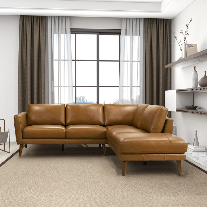 Benson Tan Leather Sectional Sofa Right Facing Chaise Image.