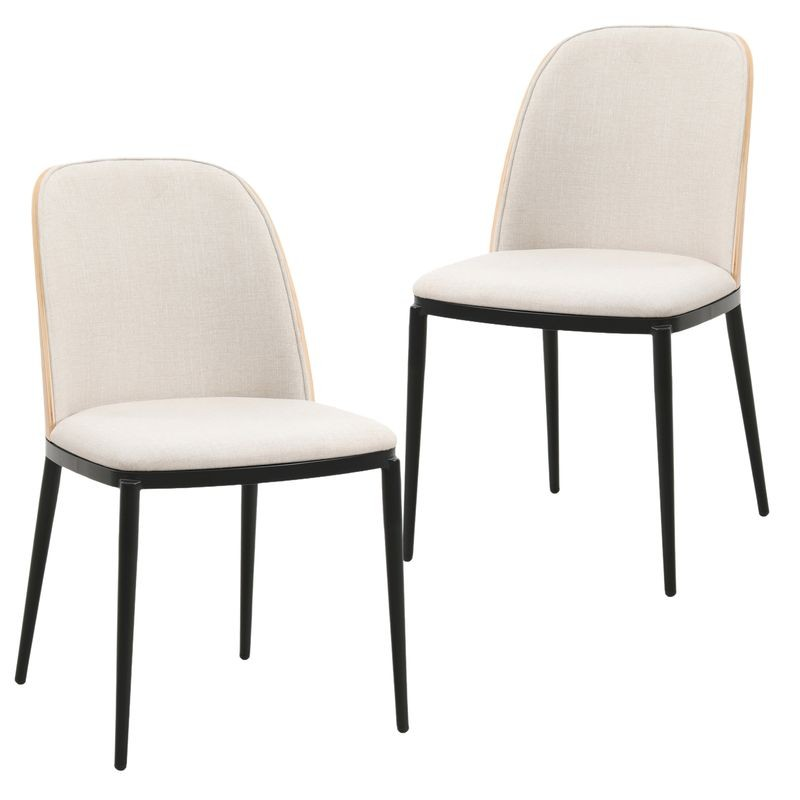 LeisureMod Tule Mid-Century Modern Dining Side Chair with Velvet Seat and Steel Frame Set of 2 Natural Wood/Beige