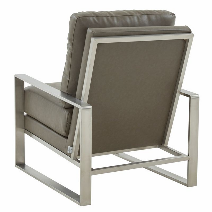 LeisureMod Jefferson Faux Leather Modern Design Accent Armchair with Elegant Silver Frame Grey Back View.