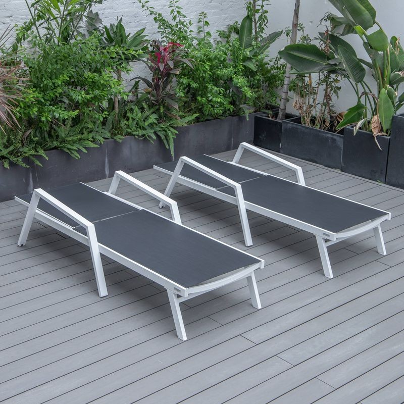 LeisureMod Marlin Patio Chaise Lounge Chair with Armrests in White Aluminum Frame, Set of 2 in Black Flat View.