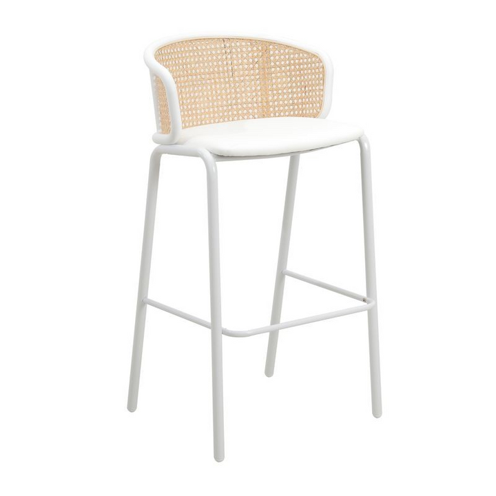 LeisureMod Ervilla Mid-Century Modern Wicker Bar Stool with Fabric Seat and White Powder Coated Steel Frame for Kitchen and Dining Room in White