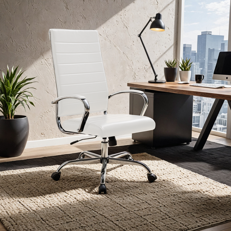 LeisureMod Benmar High-Back Leather Office Chair White at Desk.