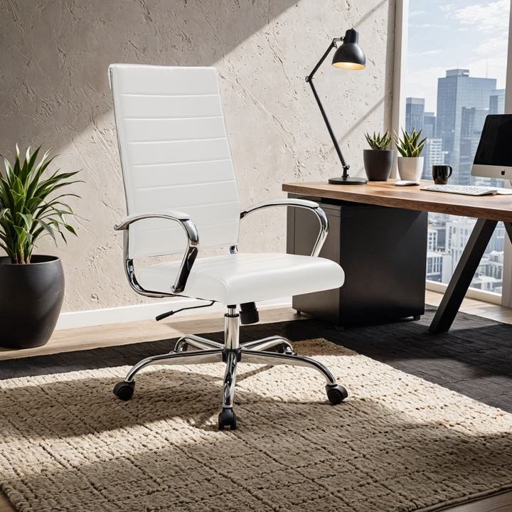 LeisureMod Benmar High-Back Leather Office Chair White at Desk.