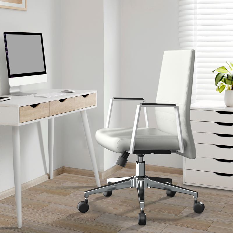 LeisureMod Aleen Office Chair in Upholstered Leather and Iron Frame with Swivel and Tilt in White in Office.