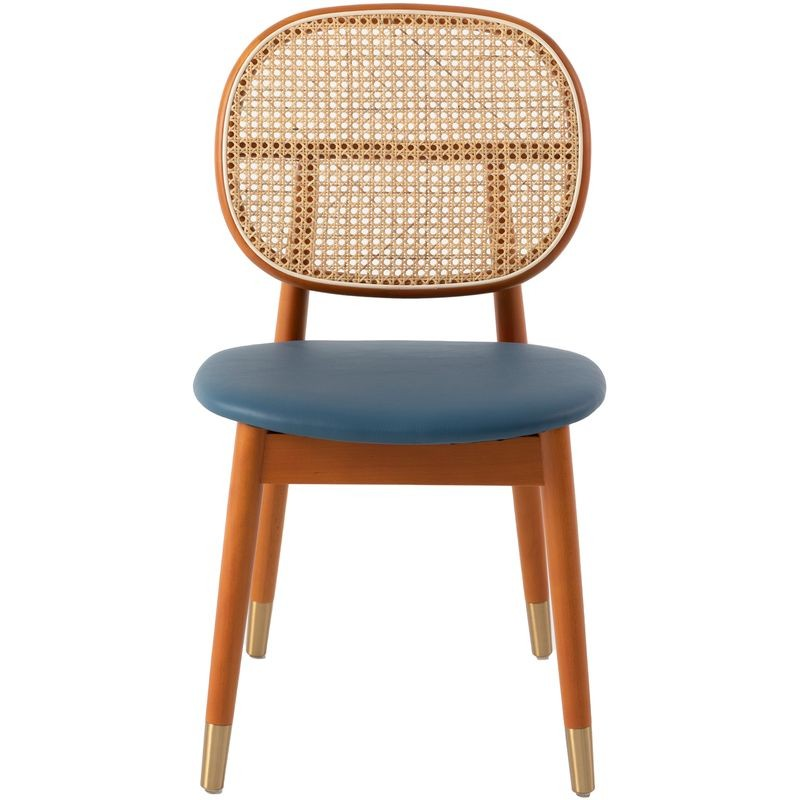 LeisureMod Holbeck Wicker Dining Chair with Upholstered Leather Seat and Beech Wood Legs Navy Blue Front View.