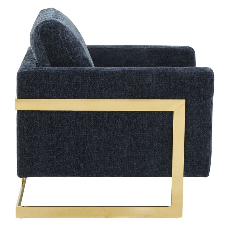 LeisureMod Lincoln Boucle Fabric Accent Armchair with Gold Stainless Steel Frame and Removable Back Cushion in Blue Side View