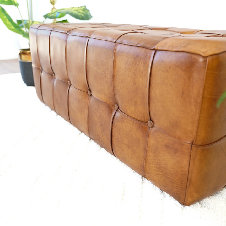 Benjiro Tan Leather Bench Closeup.