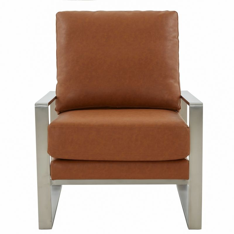 LeisureMod Jefferson Leather Modern Design Accent Armchair with Elegant Silver Frame Cognac Tan Front Photo.