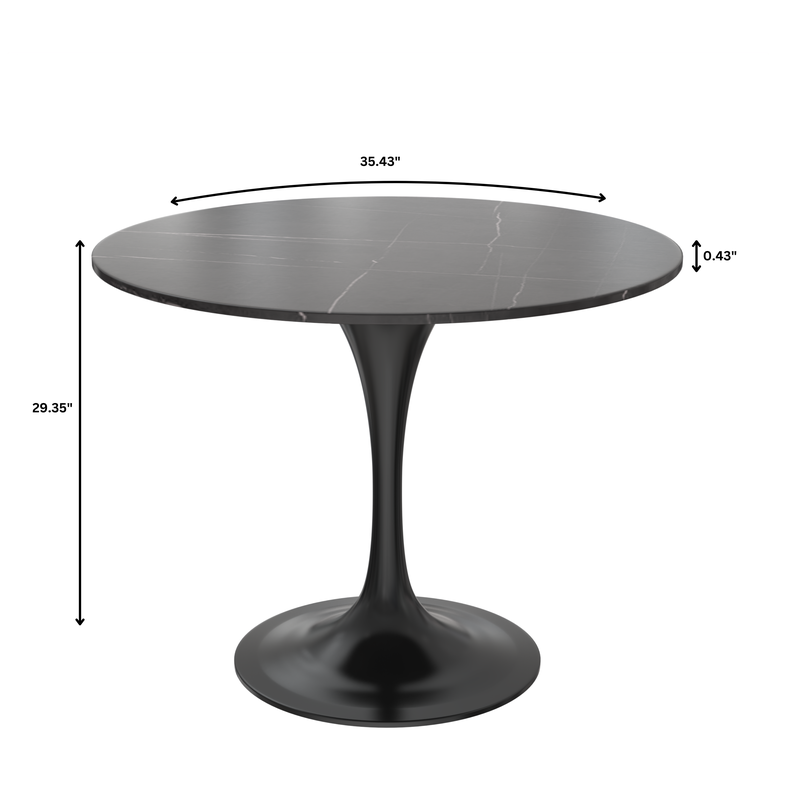 LeisureMod Verve Collection 36 Round Dining Table, Black Base with Sintered Stone Black Top Dimensions.
