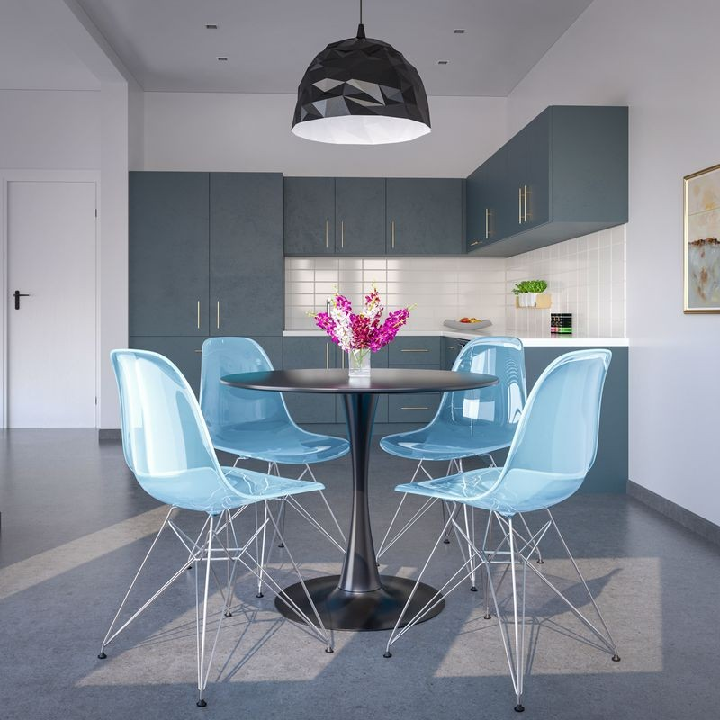 LeisureMod Cresco Molded Eiffel Side Chair Transparent Blue at Table