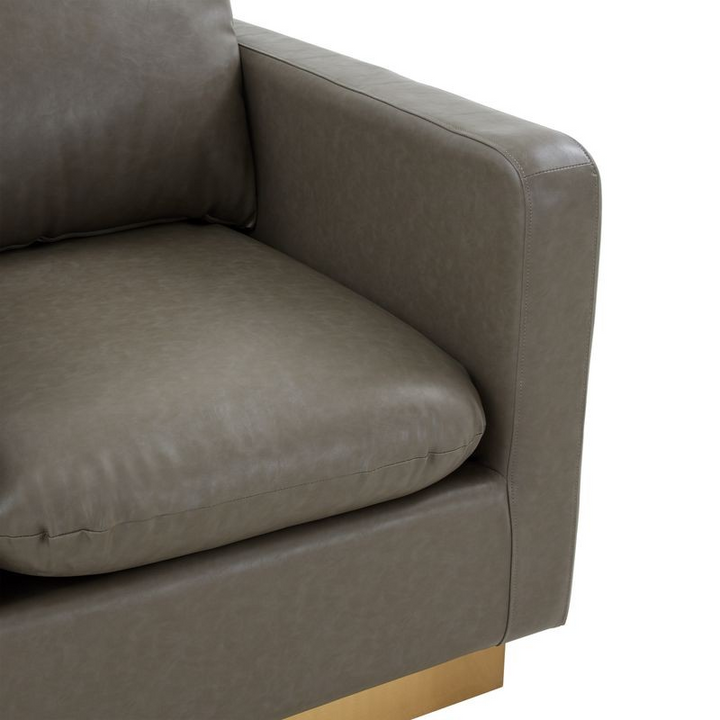 LeisureMod Nervo Faux Leather Accent Armchair with Gold Frame Grey Zoomed In.