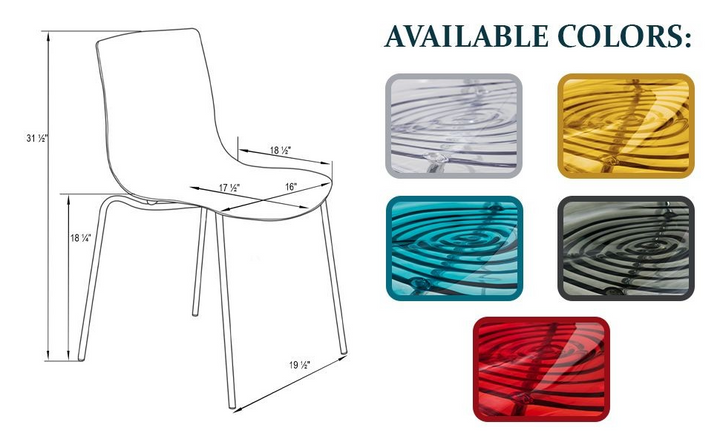 Chair design with measurements and color options displayed.