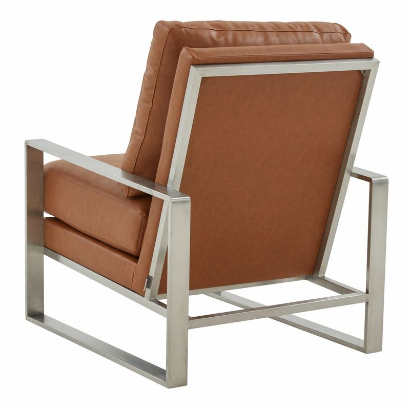 LeisureMod Jefferson Leather Modern Design Accent Armchair with Elegant Silver Frame Cognac Tan Back View.
