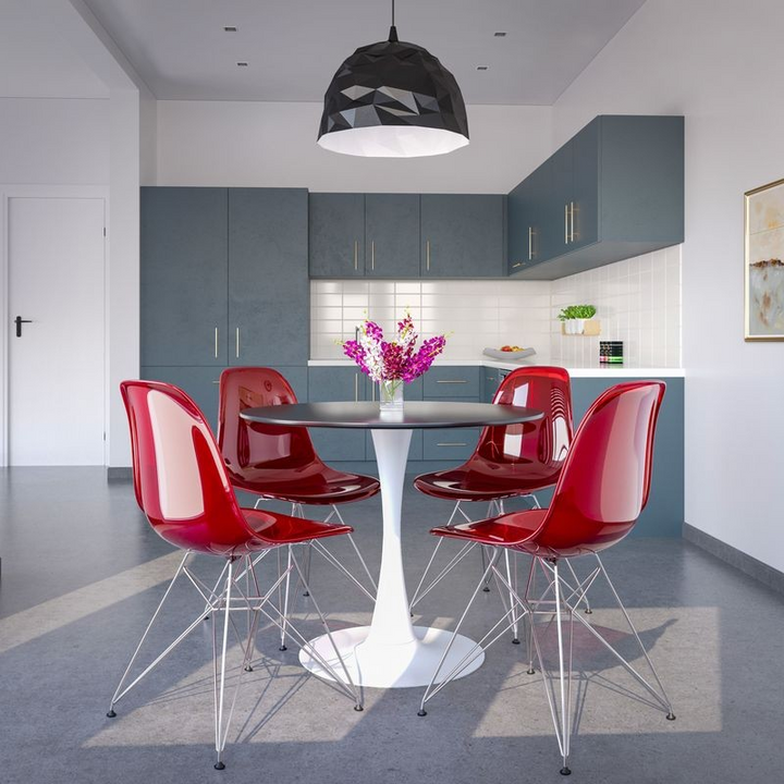 LeisureMod 5-Piece Dining Set 35" Round Dining Table in White Iron 4 ABS Plastic Side Chair in Chrome Transparent Red in Room.