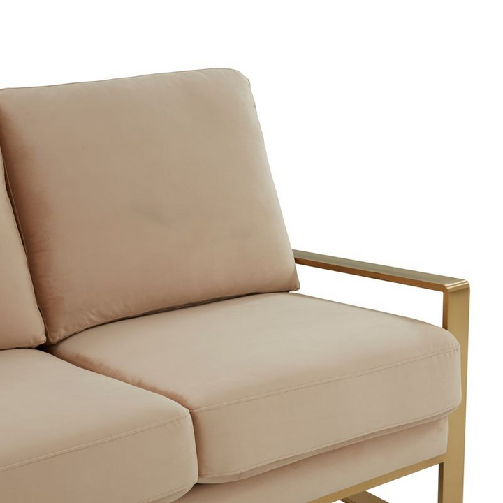 LeisureMod Jefferson Contemporary Modern Design Velvet Sofa with Gold Frame Beige Closeup.