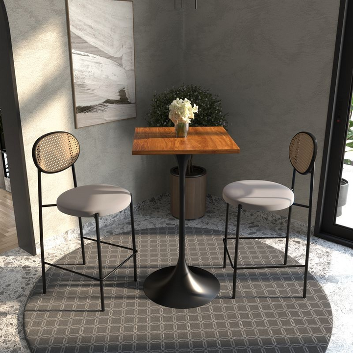 LeisureMod Verve Collection 24 Square Top Bar Height Table, White Base with Dark Maple MDF Top with Chairs.