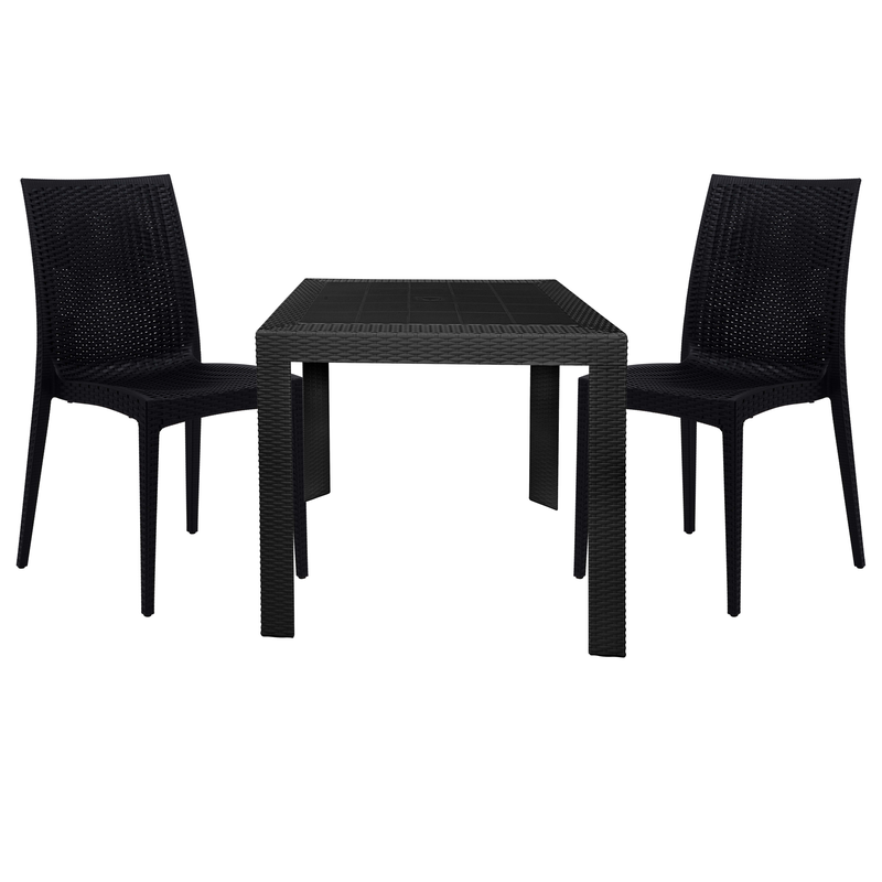 LeisureMod Mace 3-Piece Outdoor Dining Set with Plastic Square Table and 2 Stackable Chairs with Weave Design Black