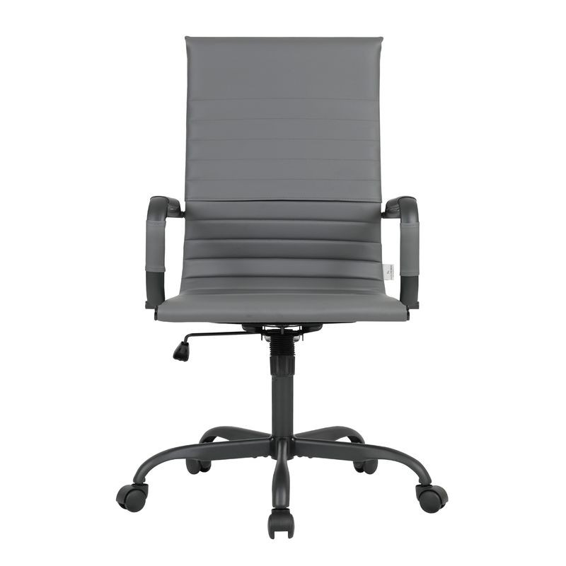 LeisureMod Harris Leather Home High-Back Office Chair in Grey with Black Frame Front