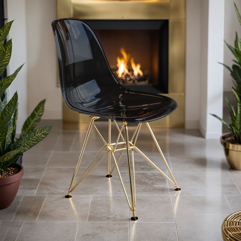 LeisureMod Cresco Molded Eiffel Side Chair with Gold Base Transparent Black with Background.
